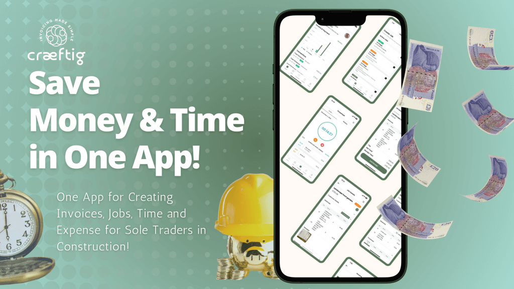 Sole trader in construction using invoicing software on a tablet to create and send professional invoices, saving time and money on the job site