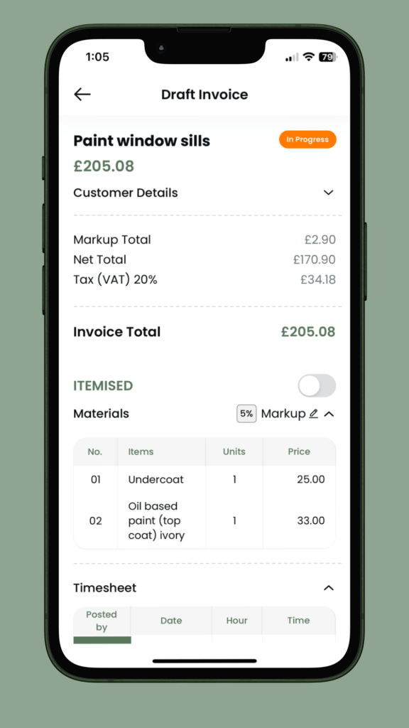 Craeftig app showing the draft Invoice for a customer based on job