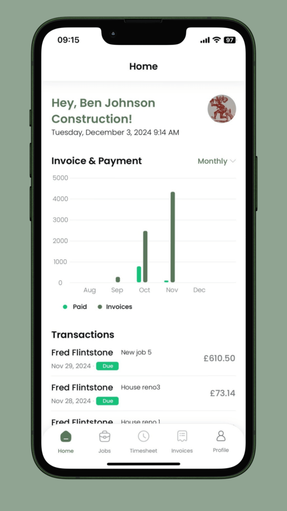 Craeftig Homepage interface showing invoices and payment as items and graphic