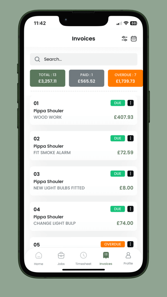 Craeftig Invoice Overview mobile screen, showing all invoices including a summary and ability to remind, mark as paid and review the individual invoice