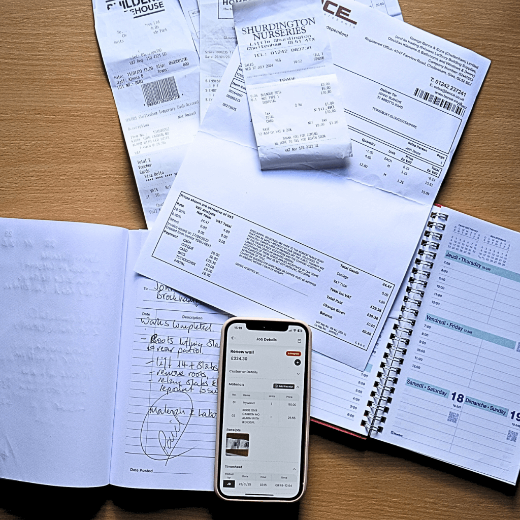 Comparison of a cluttered desk filled with paperwork on one side and a clean, modern digital job card interface on the other, illustrating the transition to Craeftig's streamlined solution.