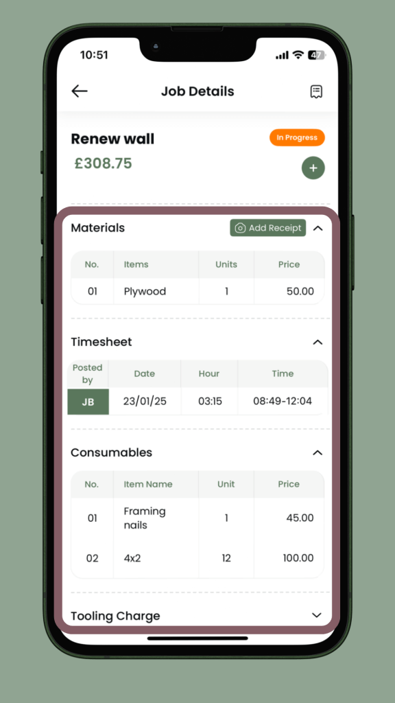 Job card in craeftig app showing total job value, material expenses, time, consumables and tooling charges