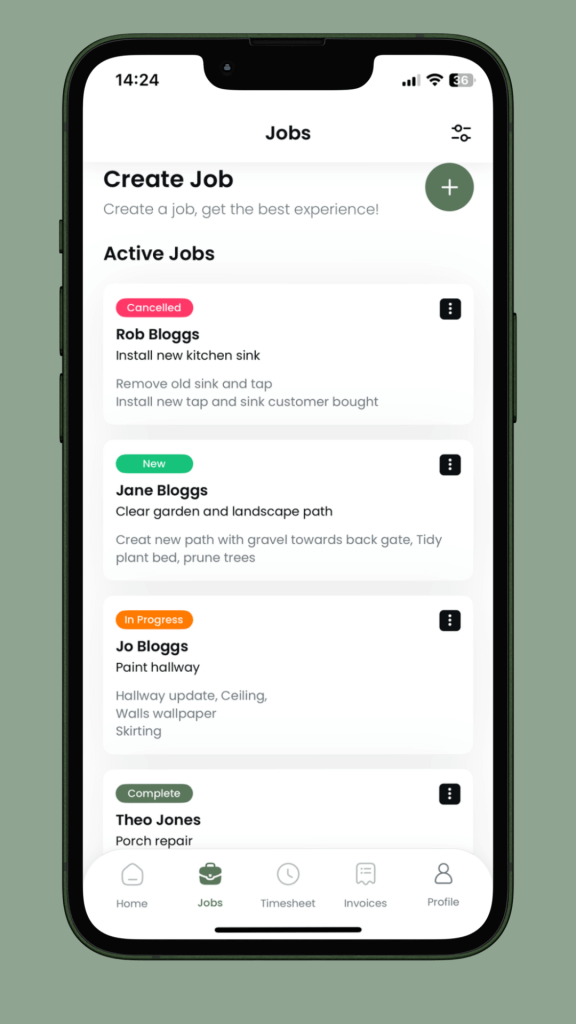 Craeftig App showing the Job Tracker interface with job in status NEW, IN PROGRESS, COMPLETE AND CANCELLED