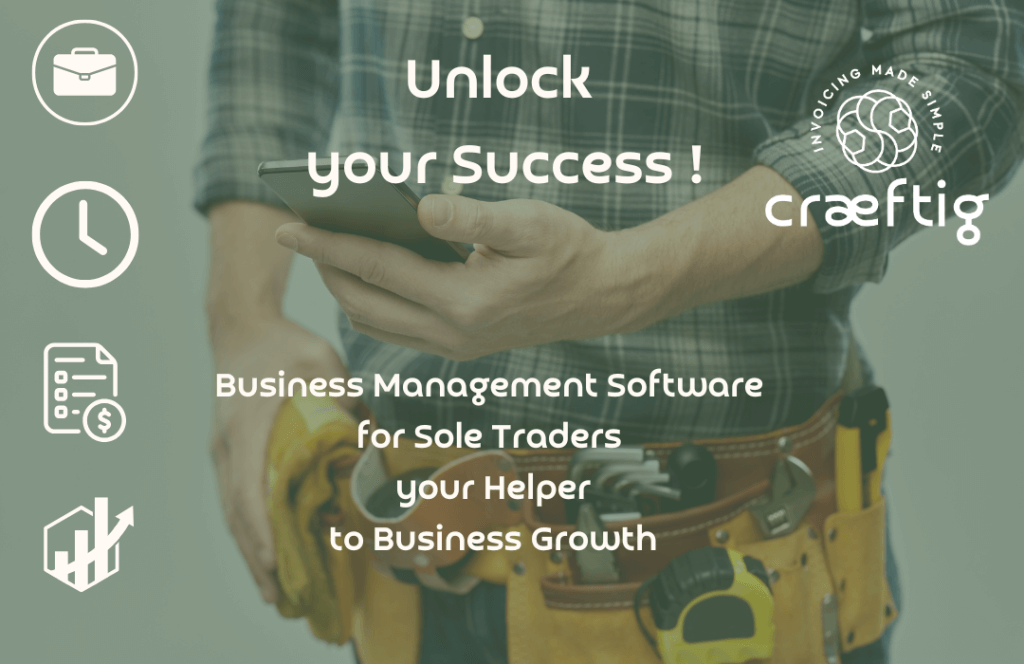 Carpenter using a mobile device with icons for Jobs, Time, Invoice, and Cashflow, alongside the headline 'Unlock Your Success' and subheading 'Business management software for sole traders, your helper to business growth.