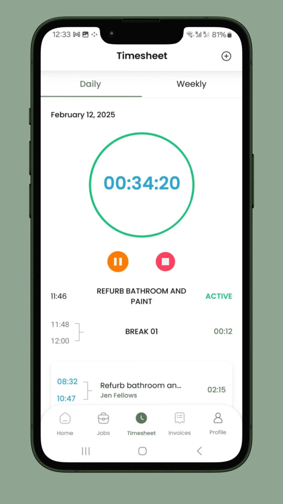 Daily Timesheet showing a job running for a user and a break in the past