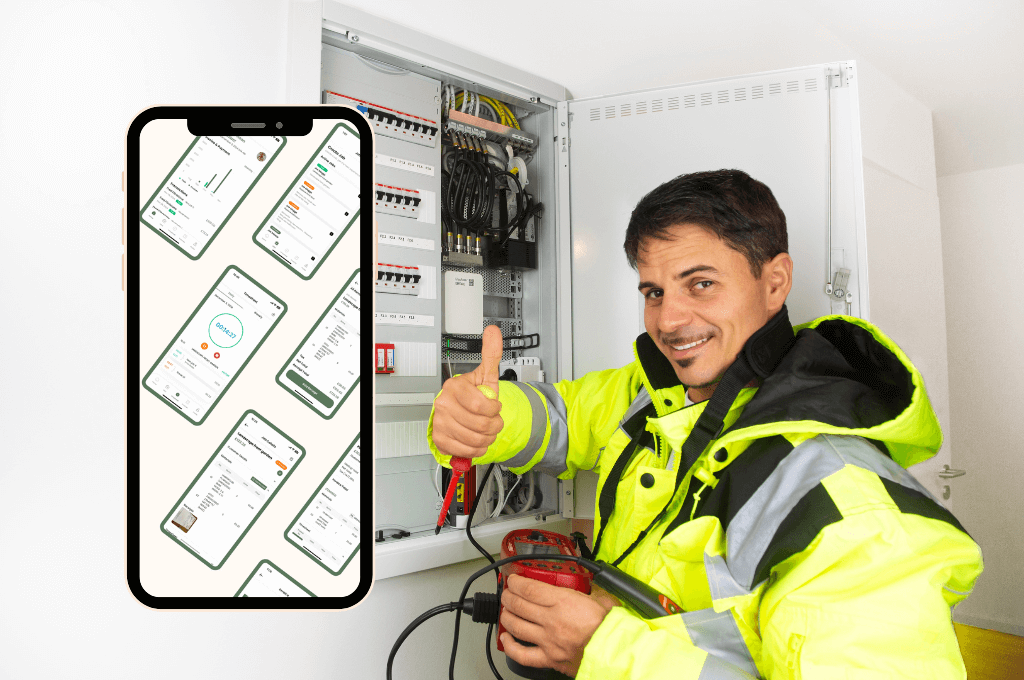 Electrician working a switch board and giving thumbs up with a mobile screen of Craeftig App