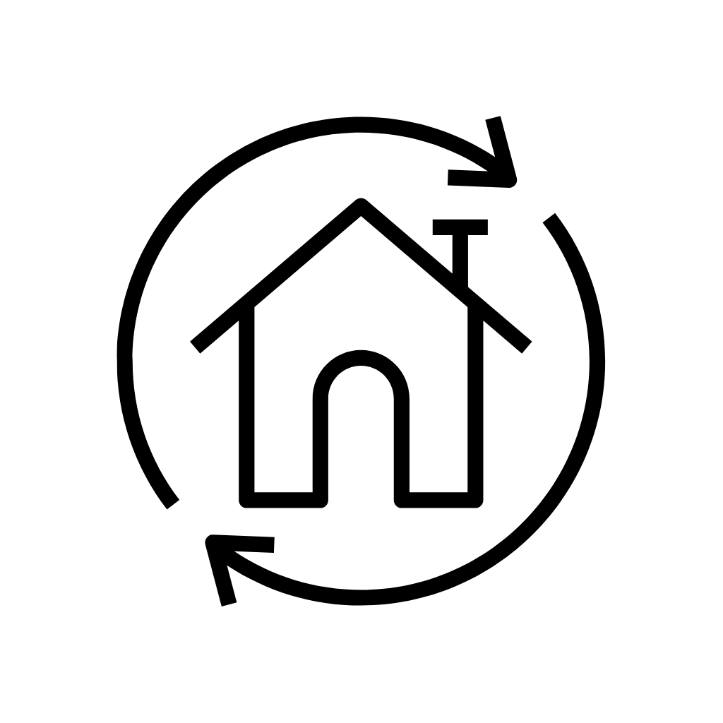 Renovation Icon representing a House with a circele pointing end for updates